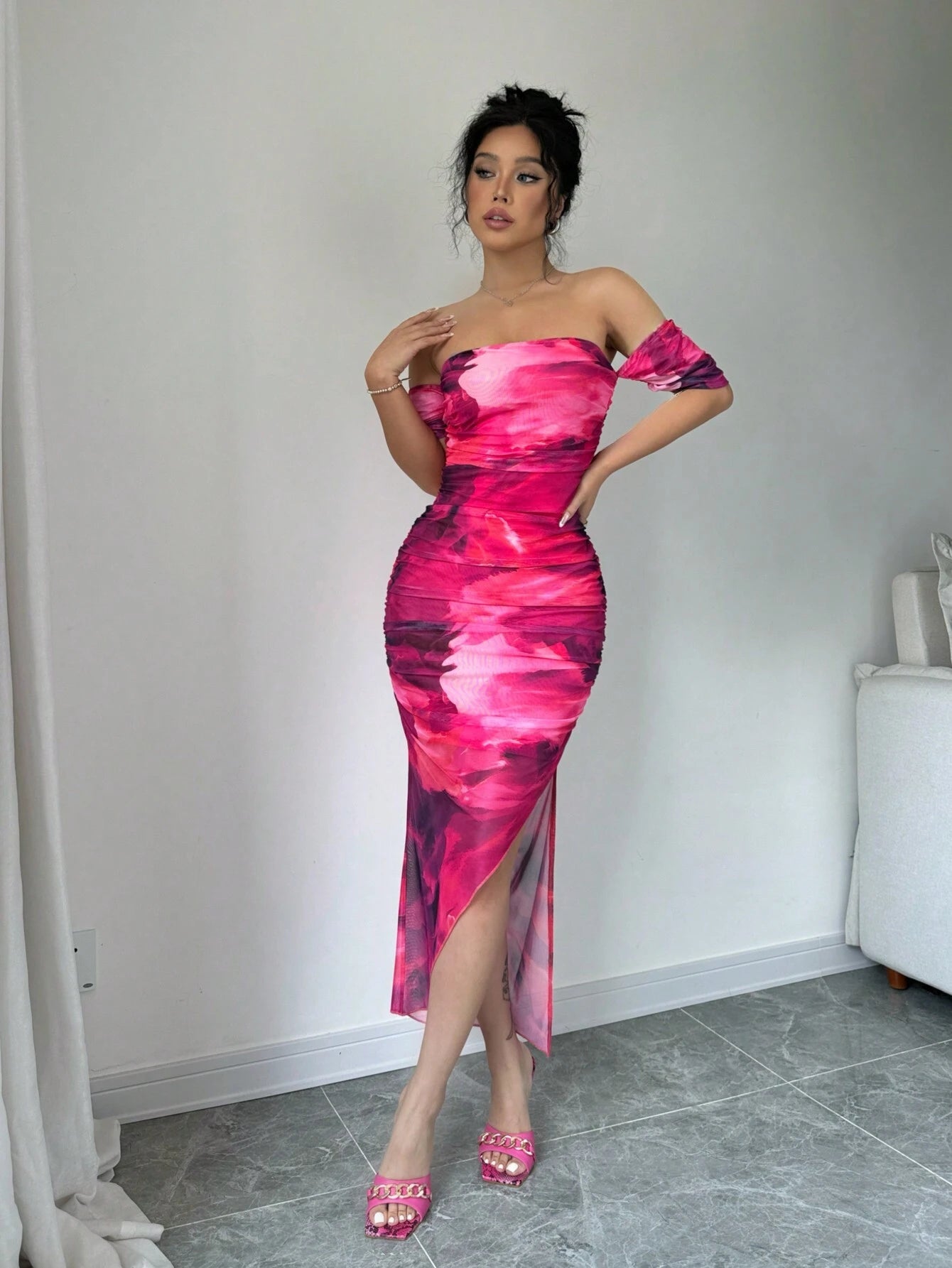 Elenzya Women's Elegant Shibori Print Off-Shoulder Bodycon Dress With Pleats And Side Slit, Summer - WestLine Apparel