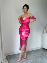 Elenzya Women's Elegant Shibori Print Off-Shoulder Bodycon Dress With Pleats And Side Slit, Summer - WestLine Apparel