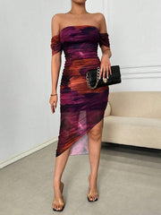 Elenzya Women's Elegant Shibori Print Off-Shoulder Bodycon Dress With Pleats And Side Slit, Summer - WestLine Apparel