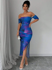 Elenzya Women's Elegant Shibori Print Off-Shoulder Bodycon Dress With Pleats And Side Slit, Summer - WestLine Apparel