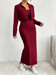 Essnce 2pcs Women's Solid Minimal Daily Long Sleeve Coat And Dress Set - WestLine Apparel