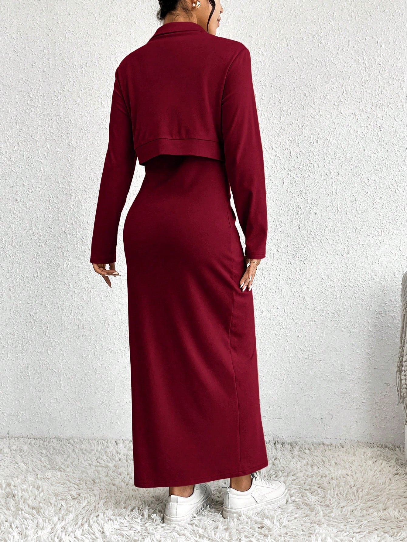 Essnce 2pcs Women's Solid Minimal Daily Long Sleeve Coat And Dress Set - WestLine Apparel