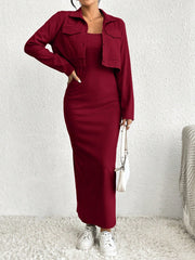 Essnce 2pcs Women's Solid Minimal Daily Long Sleeve Coat And Dress Set - WestLine Apparel