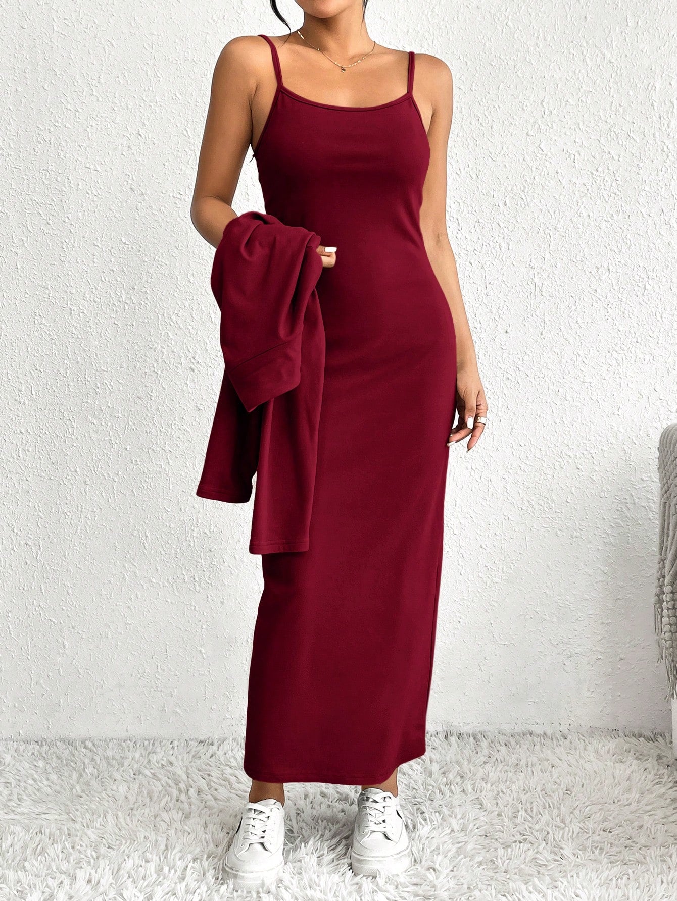 Essnce 2pcs Women's Solid Minimal Daily Long Sleeve Coat And Dress Set - WestLine Apparel