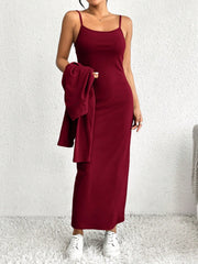 Essnce 2pcs Women's Solid Minimal Daily Long Sleeve Coat And Dress Set - WestLine Apparel