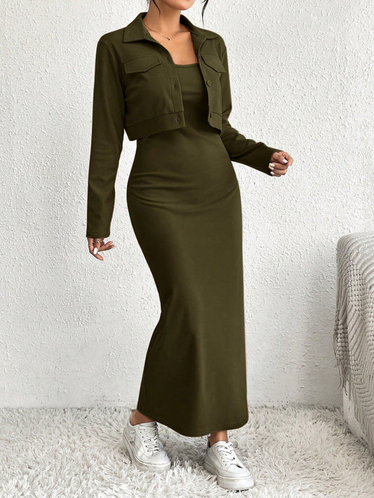 Essnce 2pcs Women's Solid Minimal Daily Long Sleeve Coat And Dress Set - WestLine Apparel