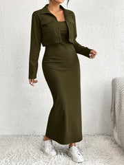 Essnce 2pcs Women's Solid Minimal Daily Long Sleeve Coat And Dress Set - WestLine Apparel