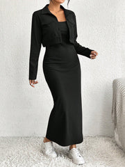 Essnce 2pcs Women's Solid Minimal Daily Long Sleeve Coat And Dress Set - WestLine Apparel