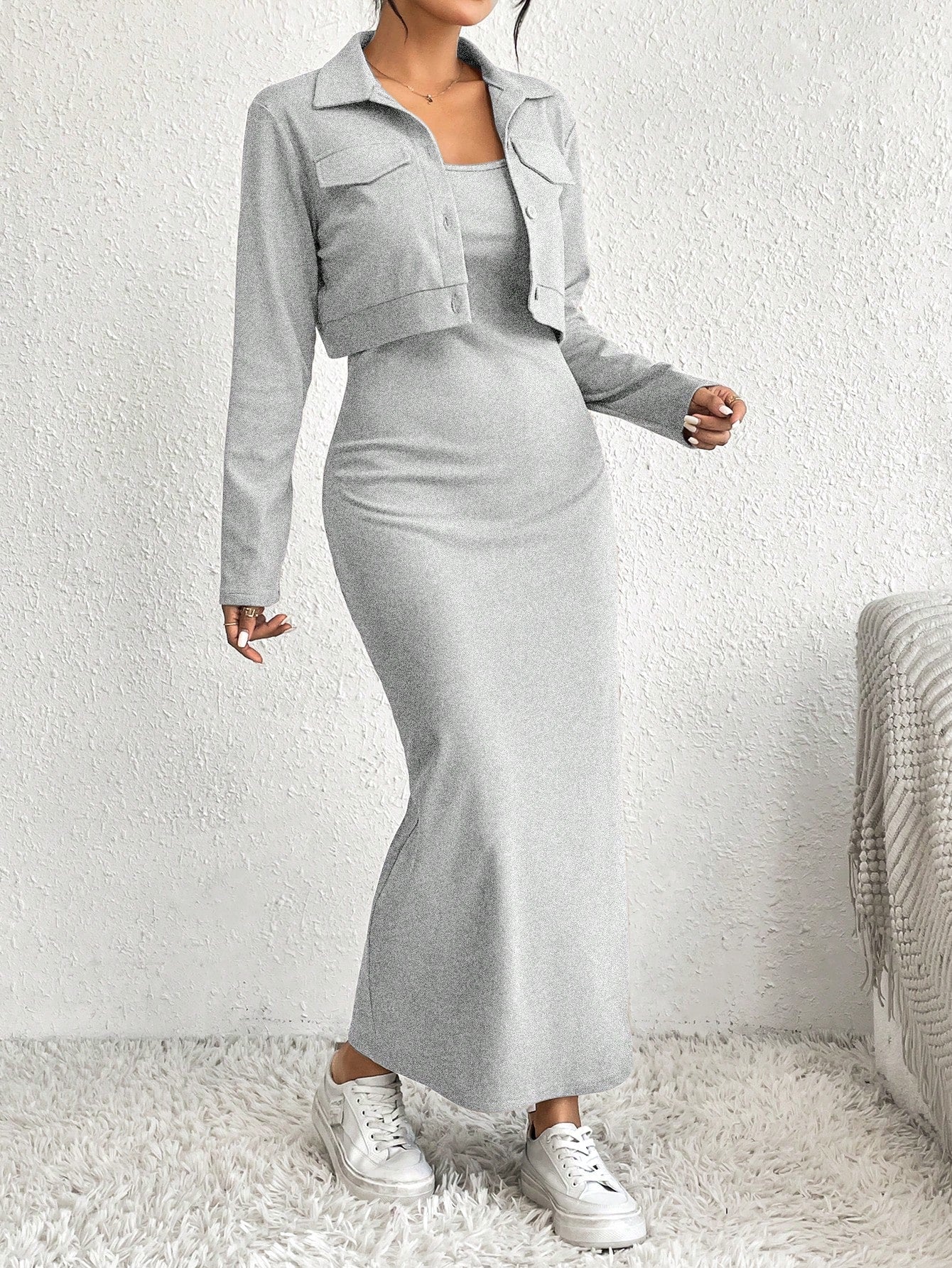 Essnce 2pcs Women's Solid Minimal Daily Long Sleeve Coat And Dress Set - WestLine Apparel