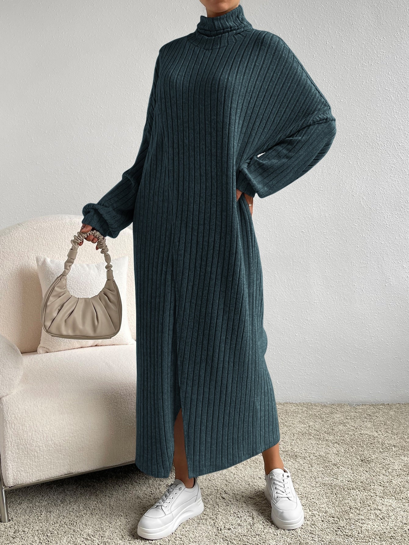 Essnce Turtleneck Drop Shoulder Split Hem Dress - WestLine Apparel