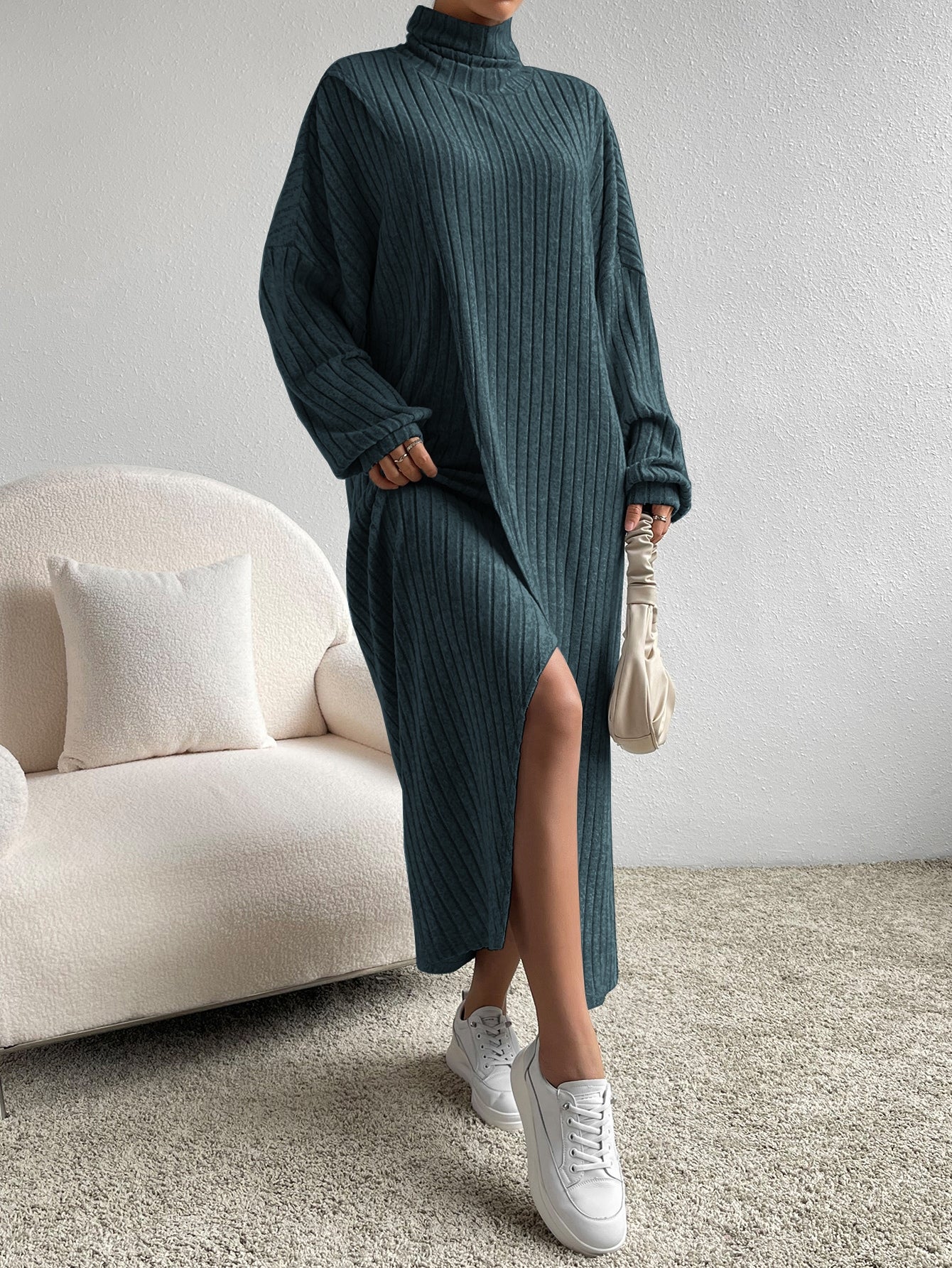 Essnce Turtleneck Drop Shoulder Split Hem Dress - WestLine Apparel