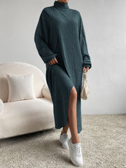 Essnce Turtleneck Drop Shoulder Split Hem Dress - WestLine Apparel