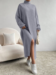 Essnce Turtleneck Drop Shoulder Split Hem Dress - WestLine Apparel