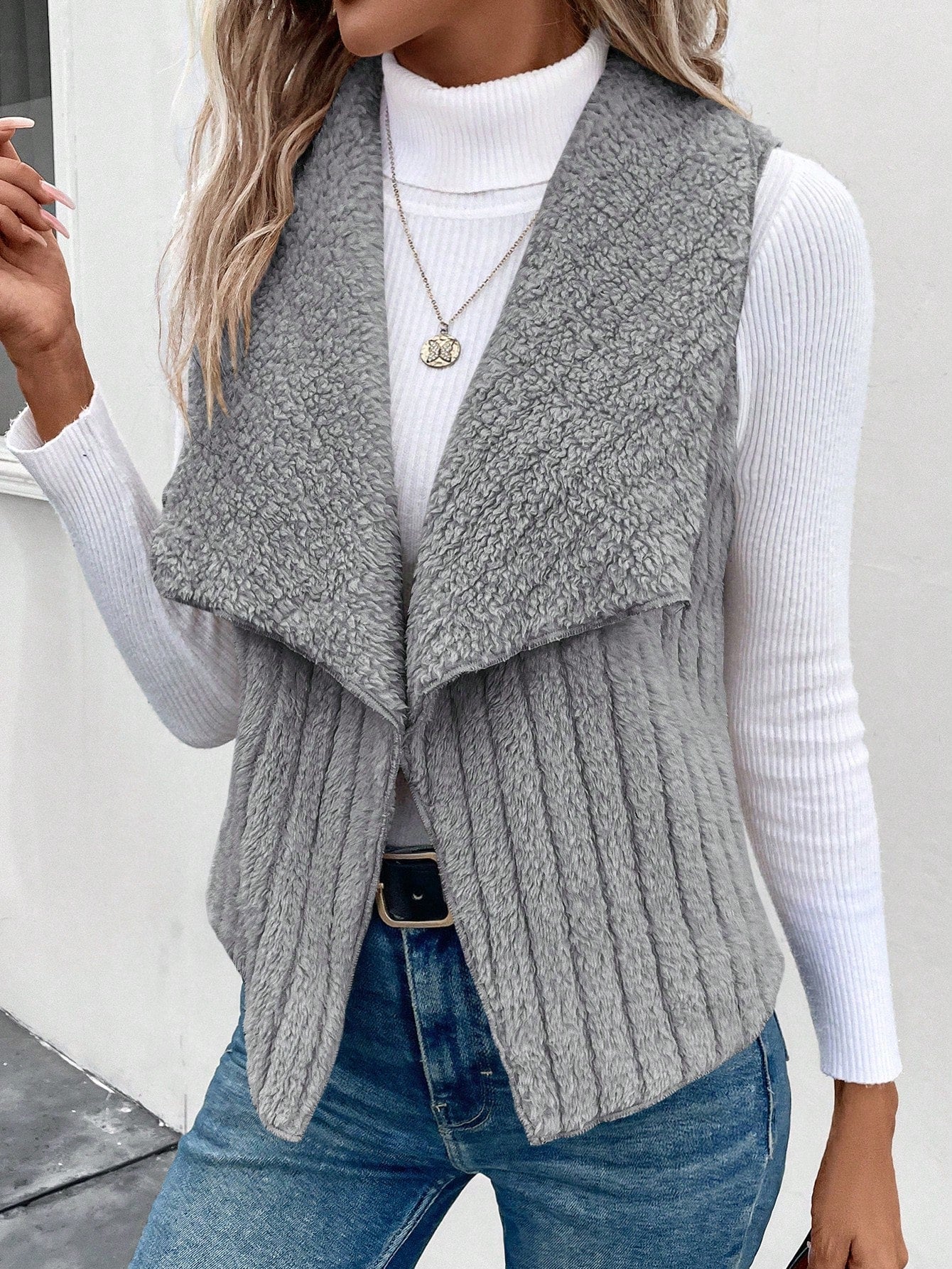 Essnce Waterfall Collar Open Front Flannel Vest Coat - WestLine Apparel