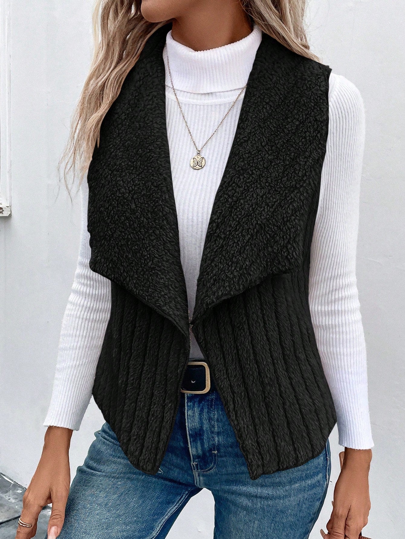 Essnce Waterfall Collar Open Front Flannel Vest Coat - WestLine Apparel