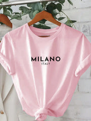 Essnce Women's Letter Print Round Neck Short Sleeve T-Shirt - WestLine Apparel