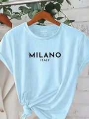 Essnce Women's Letter Print Round Neck Short Sleeve T-Shirt - WestLine Apparel