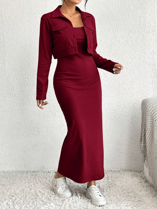 Essnce Women's Solid Color Button Front Jacket And Slip Dress Set - WestLine Apparel