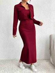 Essnce Women's Solid Color Button Front Jacket And Slip Dress Set - WestLine Apparel