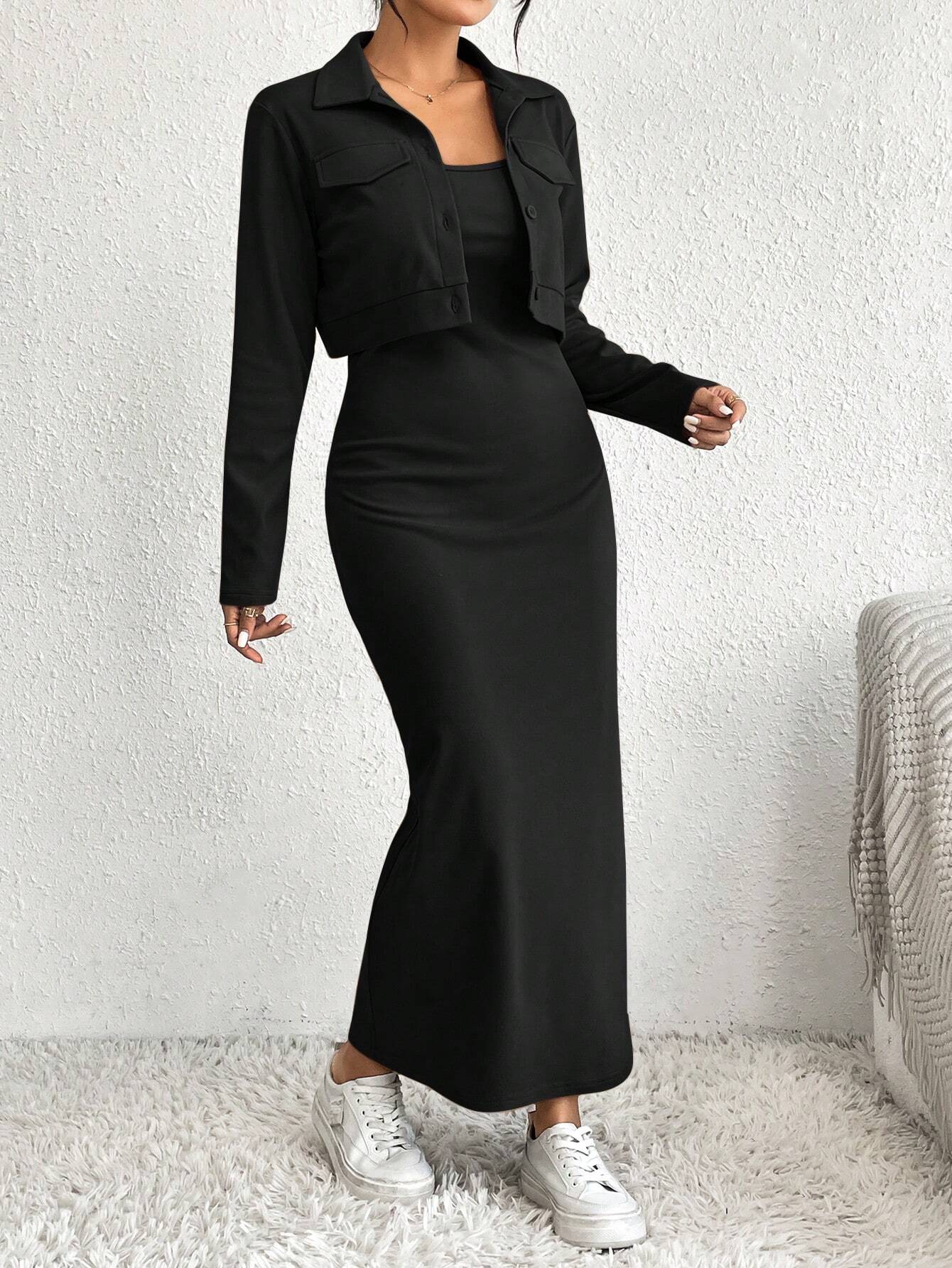 Essnce Women's Solid Color Button Front Jacket And Slip Dress Set - WestLine Apparel