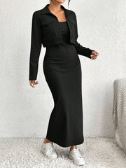 Essnce Women's Solid Color Button Front Jacket And Slip Dress Set - WestLine Apparel