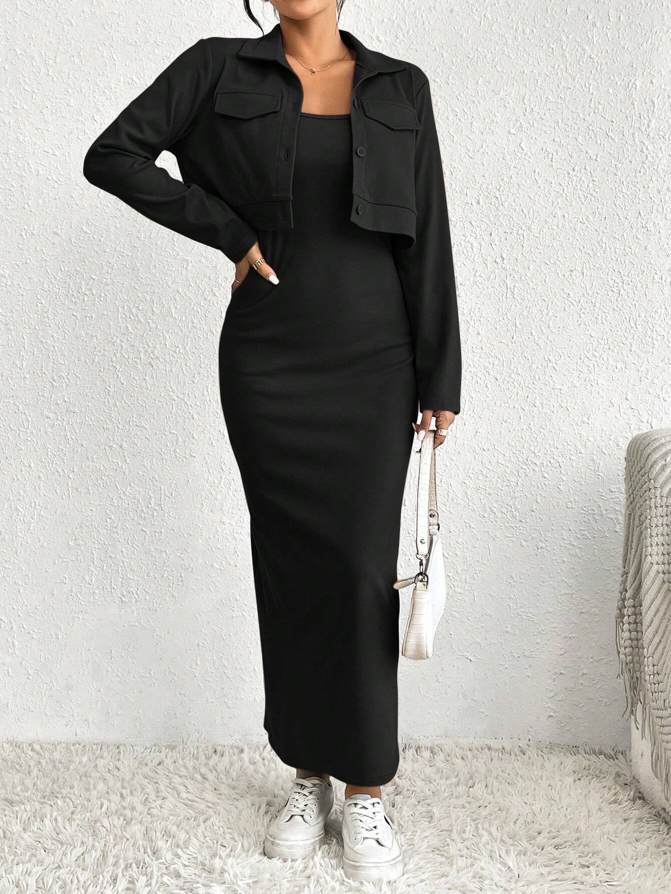 Essnce Women's Solid Color Button Front Jacket And Slip Dress Set - WestLine Apparel