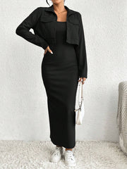 Essnce Women's Solid Color Button Front Jacket And Slip Dress Set - WestLine Apparel