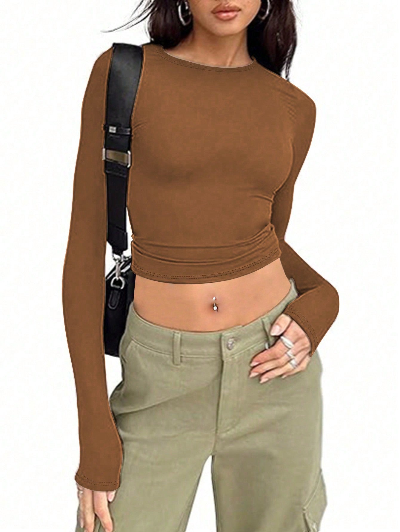 Essnce Women's Solid Color Round Neck Long Sleeve T-shirt - WestLine Apparel