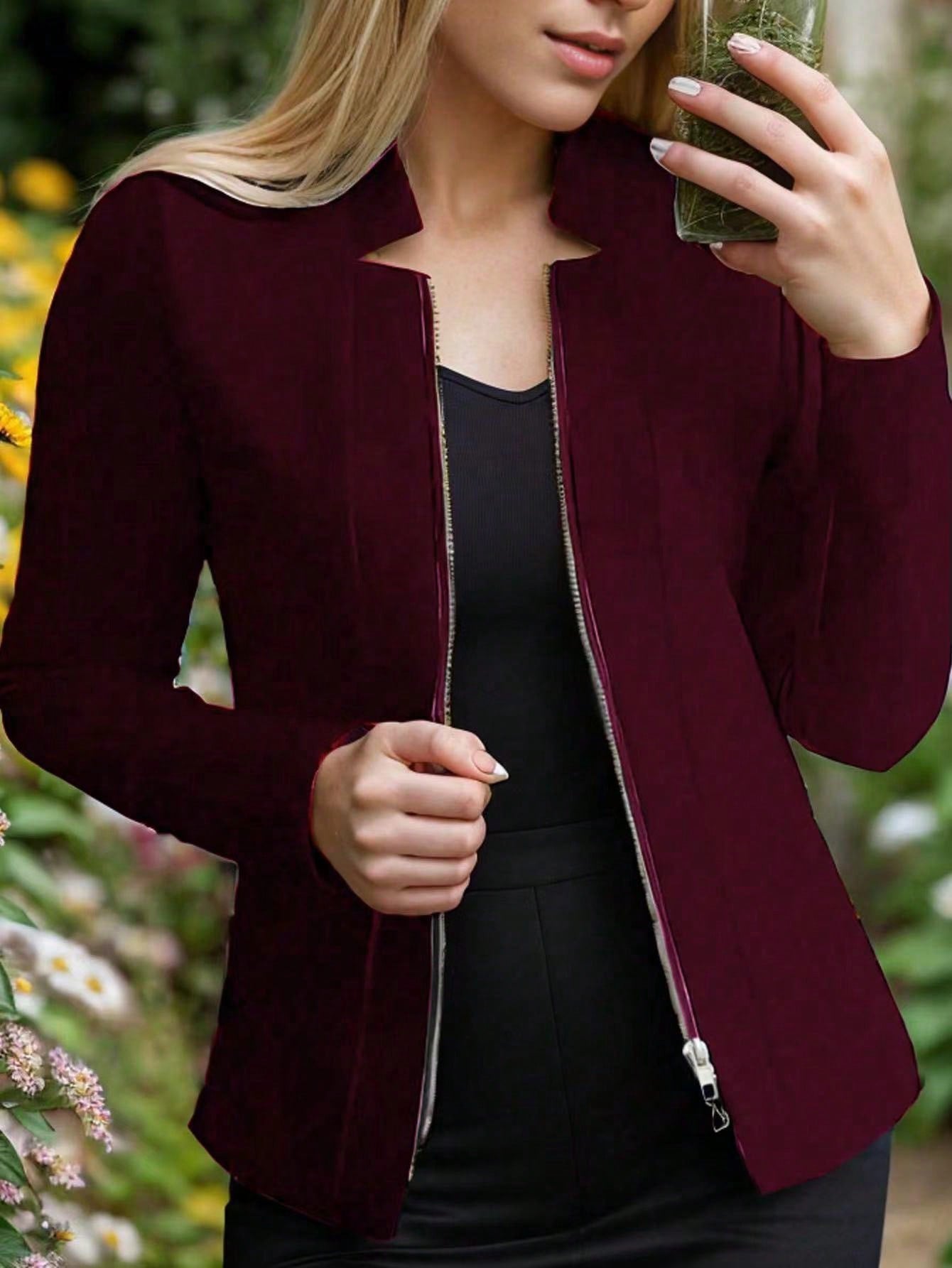 Essnce Women's Solid Color Stand Collar Casual Jacket - WestLine Apparel