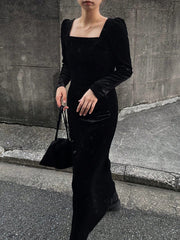 FRIFUL Women's Solid Color Black Velvet Square Neck Long Sleeve Cinched Waist Midi Fitted Dress - WestLine Apparel