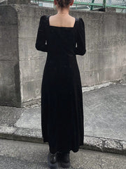 FRIFUL Women's Solid Color Black Velvet Square Neck Long Sleeve Cinched Waist Midi Fitted Dress - WestLine Apparel