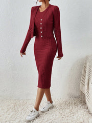 Frenchy Solid Ribbed Knit Bodycon Dress & Open Front Jacket - WestLine Apparel