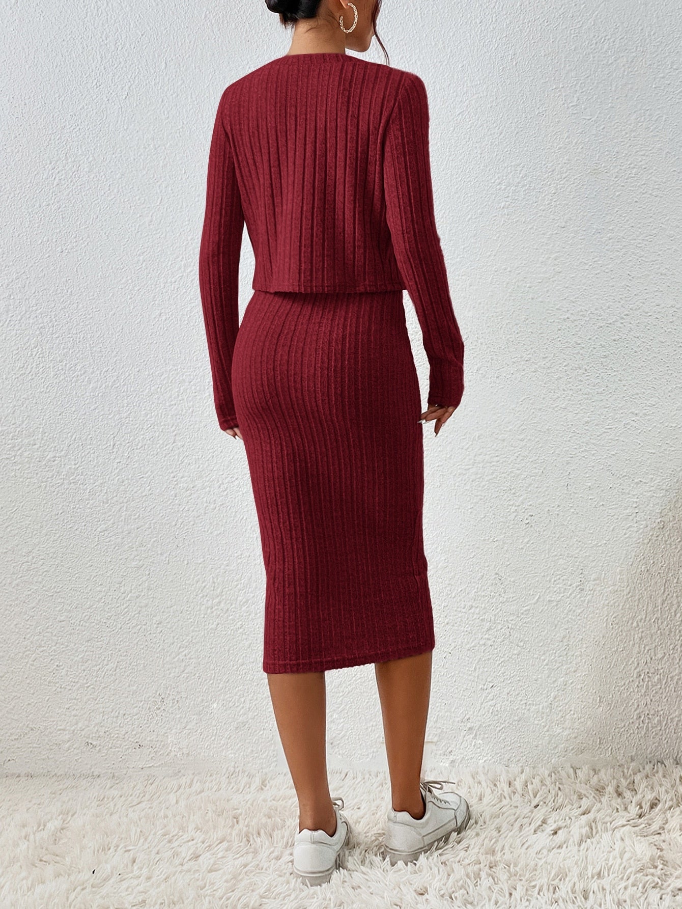 Frenchy Solid Ribbed Knit Bodycon Dress & Open Front Jacket - WestLine Apparel