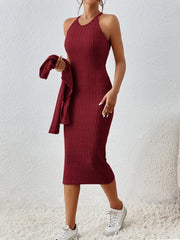 Frenchy Solid Ribbed Knit Bodycon Dress & Open Front Jacket - WestLine Apparel