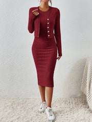 Frenchy Solid Ribbed Knit Bodycon Dress & Open Front Jacket - WestLine Apparel