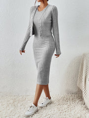 Frenchy Solid Ribbed Knit Bodycon Dress & Open Front Jacket - WestLine Apparel