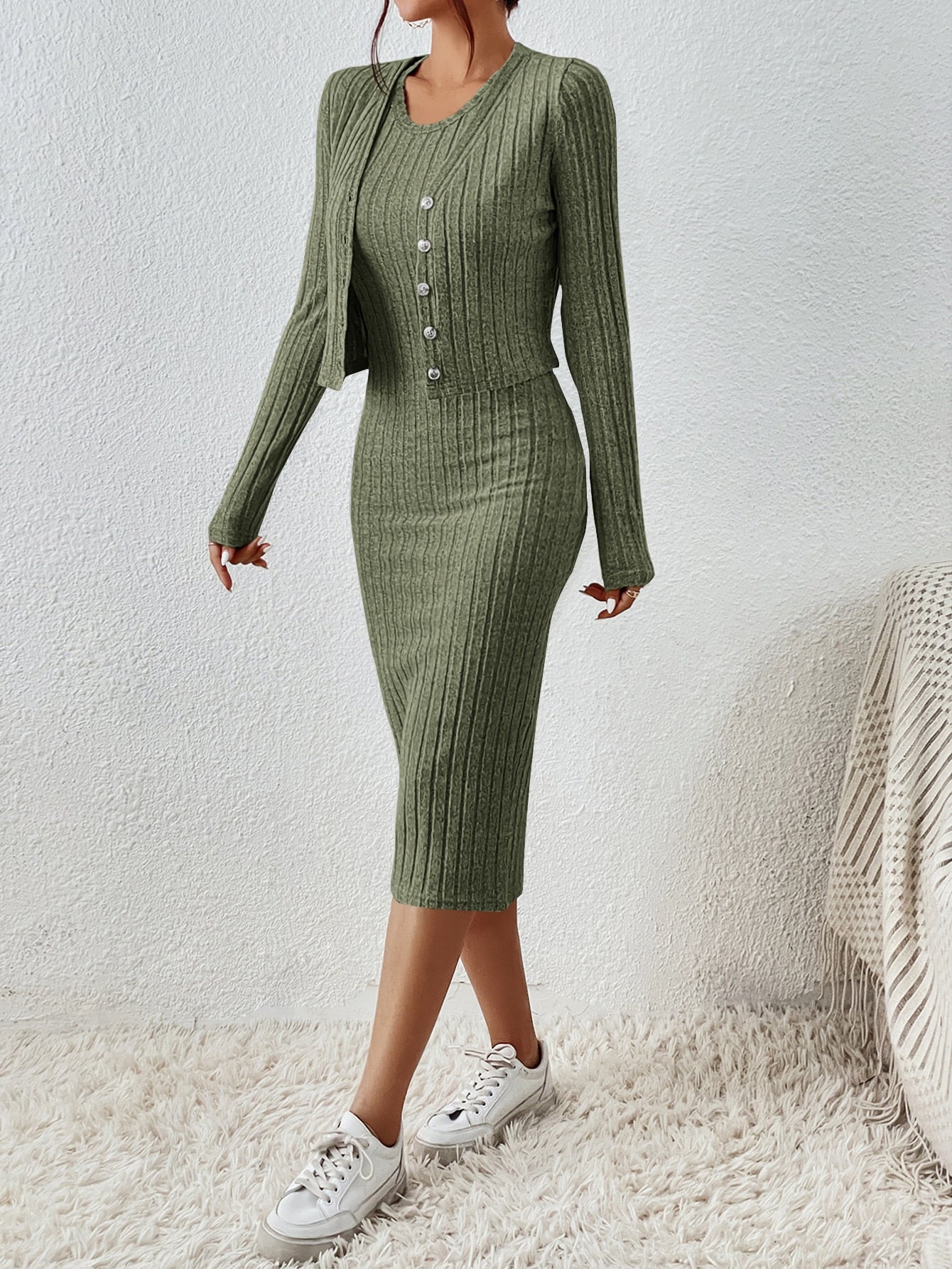 Frenchy Solid Ribbed Knit Bodycon Dress & Open Front Jacket - WestLine Apparel