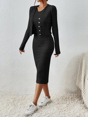 Frenchy Solid Ribbed Knit Bodycon Dress & Open Front Jacket - WestLine Apparel