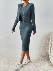Frenchy Solid Ribbed Knit Bodycon Dress & Open Front Jacket - WestLine Apparel