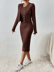 Frenchy Solid Ribbed Knit Bodycon Dress & Open Front Jacket - WestLine Apparel