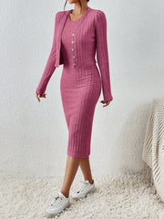 Frenchy Solid Ribbed Knit Bodycon Dress & Open Front Jacket - WestLine Apparel