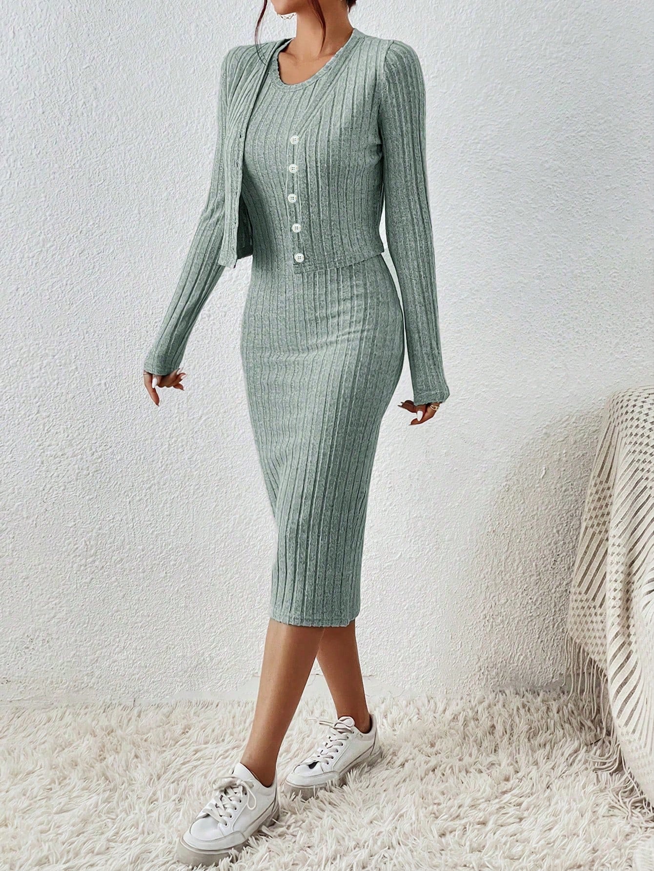 Frenchy Solid Ribbed Knit Bodycon Dress & Open Front Jacket - WestLine Apparel