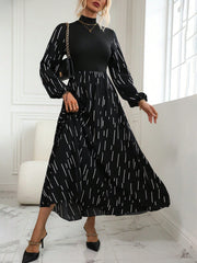 Frenchy Striped Print Mock Neck Lantern Sleeve Dress - WestLine Apparel