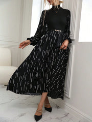 Frenchy Striped Print Mock Neck Lantern Sleeve Dress - WestLine Apparel