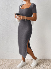 Frenchy Women's Square Neck Slim Fit High Split Square Neck Texture Fabric Summer Maxi Dress - WestLine Apparel