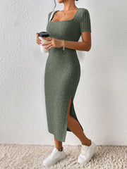 Frenchy Women's Square Neck Slim Fit High Split Square Neck Texture Fabric Summer Maxi Dress - WestLine Apparel