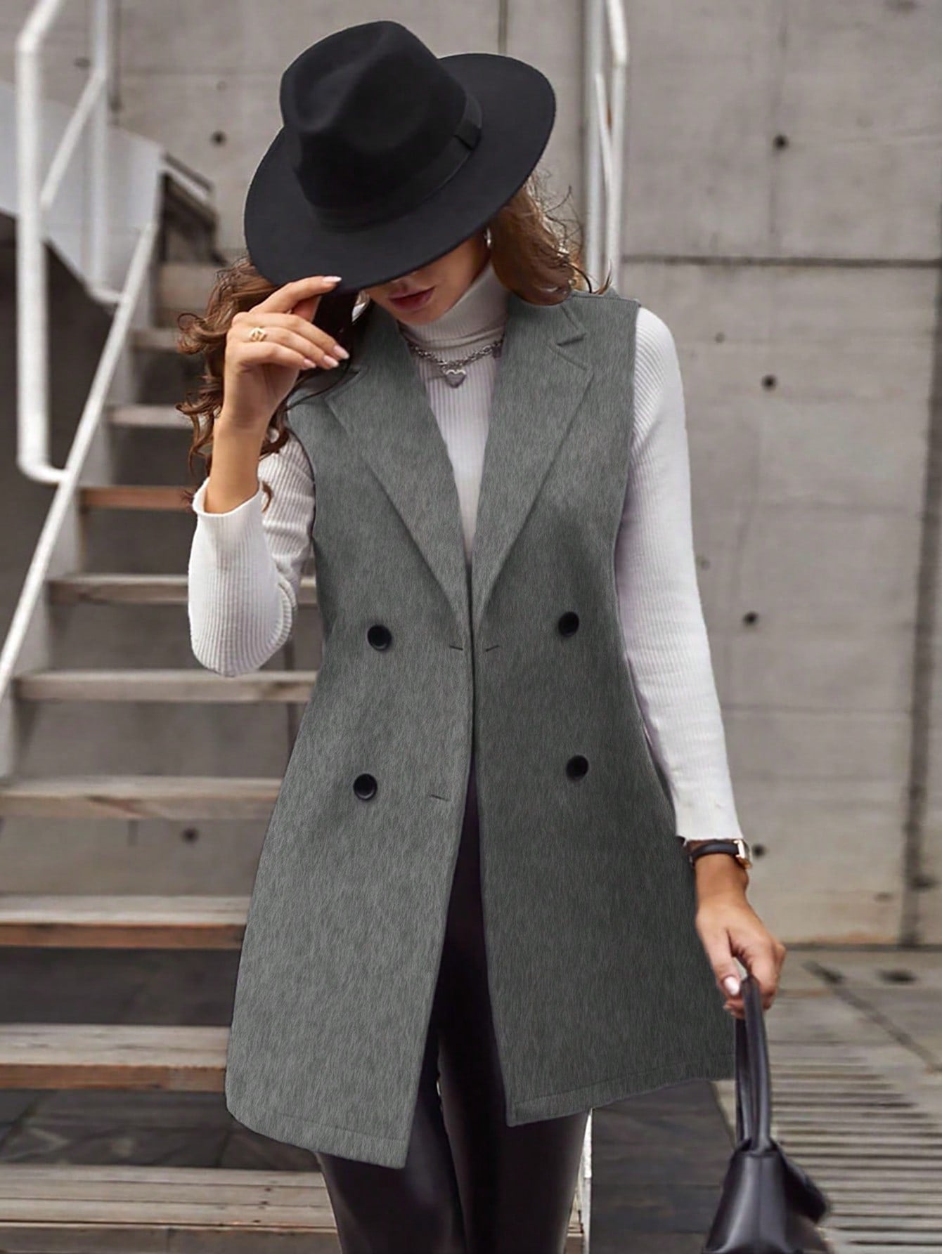 LUNE Casual Solid Color Double-Breasted Sleeveless Wool Coat, Autumn/Winter - WestLine Apparel