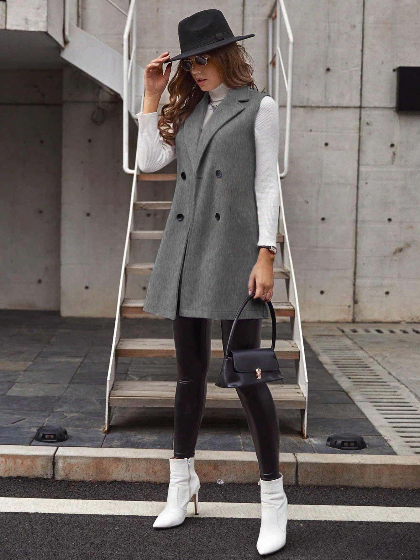 LUNE Casual Solid Color Double-Breasted Sleeveless Wool Coat, Autumn/Winter - WestLine Apparel