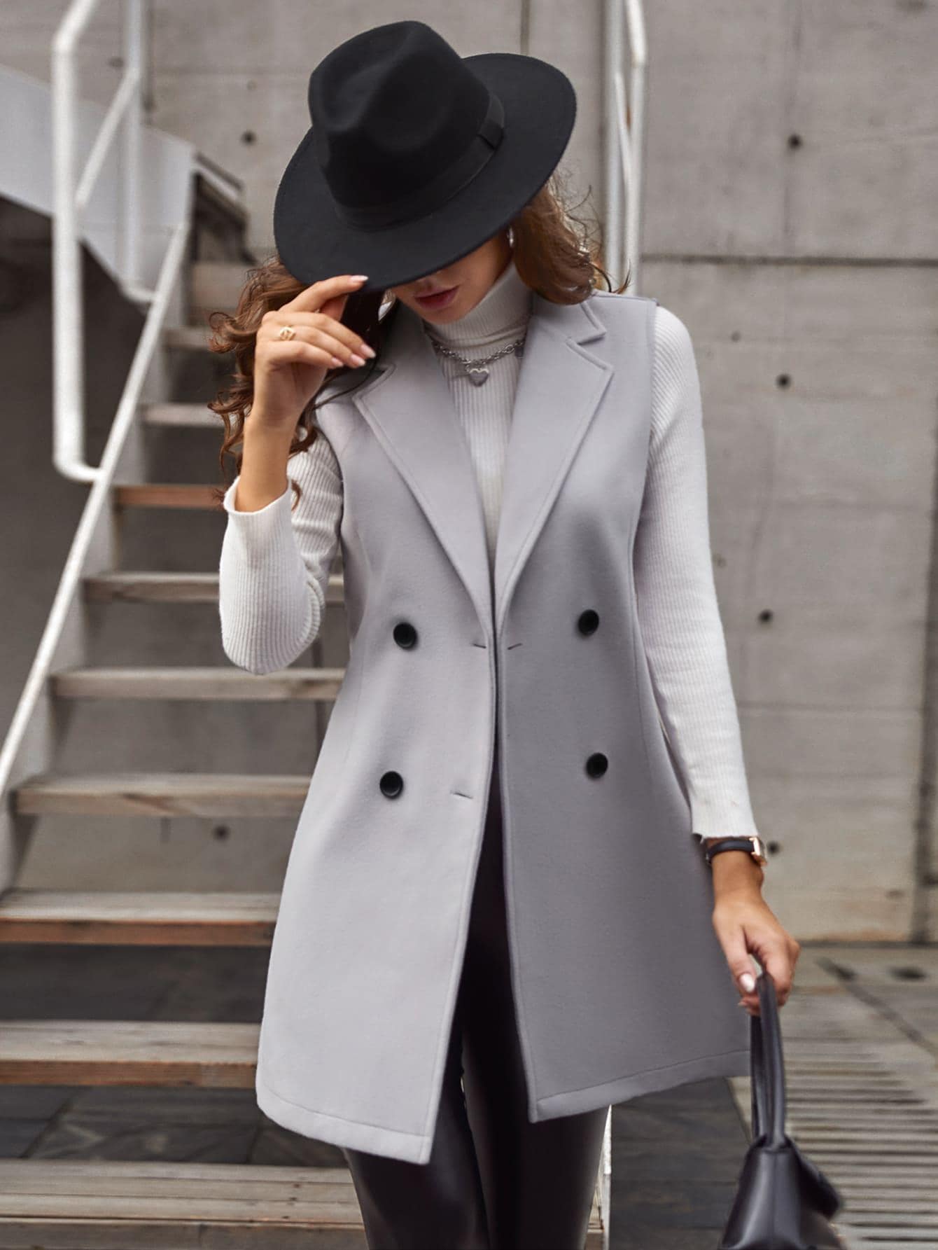 LUNE Casual Solid Color Double-Breasted Sleeveless Wool Coat, Autumn/Winter - WestLine Apparel