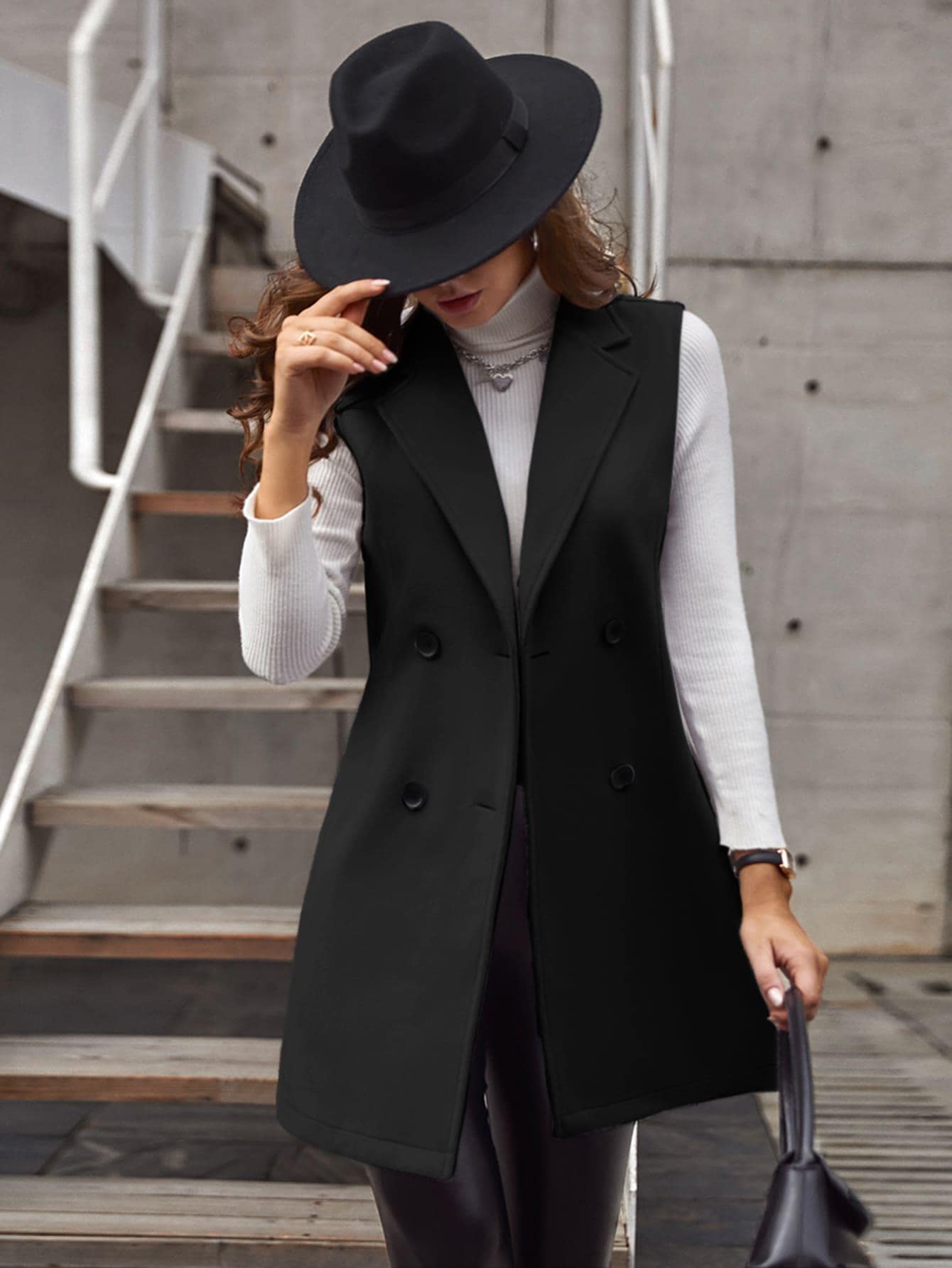 LUNE Casual Solid Color Double-Breasted Sleeveless Wool Coat, Autumn/Winter - WestLine Apparel